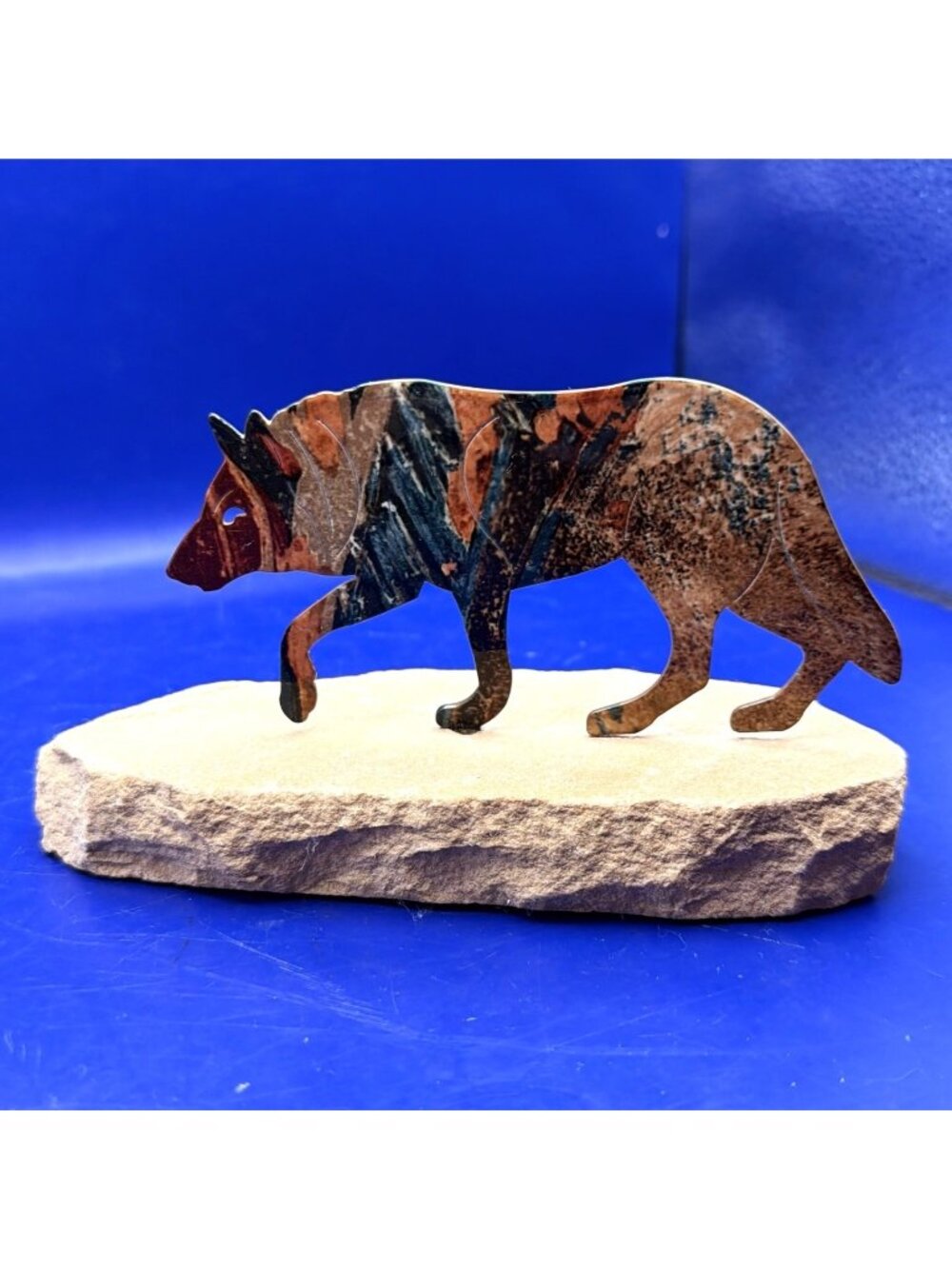 Southwest Lazart Art Wolf Metal Silhouette Enamel Sculpture Sandstone Rock Base